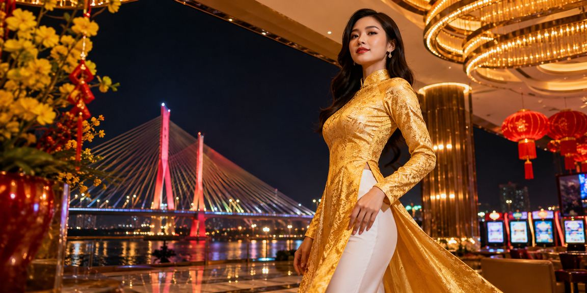 Thiếu nữ Cần Thơ mặc áo dài truyền thống trong không gian giải trí và cá cược hiện đại