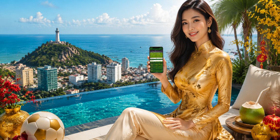 Vũng Tàu biển xanh với thiếu nữ áo dài sử dụng ứng dụng casino trên điện thoại thông minh